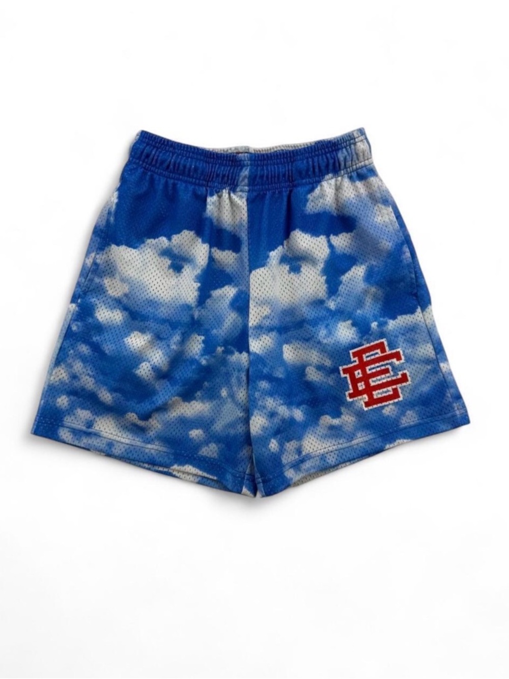 Men’s Eric Emanuel Blue Cloud-Print Athletic Shorts with Red Logo Size Small